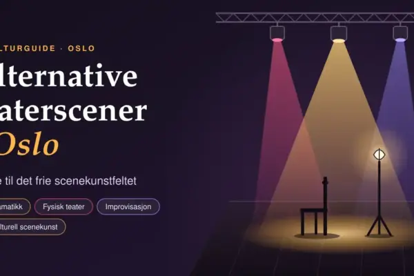 Illustrasjon av en mørk, minimalistisk teaterscene med fargede lyskjegler fra en lysrigg, en stol og en arbeidslampe i spotlyset og rødt sceneteppe, ved siden av teksten «Alternative teaterscener i Oslo – guide til det frie scenekunstfeltet».