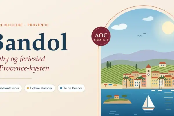 Illustrasjon av kystbyen Bandol i Provence med fargerike hus, palmer og kirketårn ved havnen, vinmarker i åsene bak, seilbåt og øya Île de Bendor i Middelhavet, ved siden av teksten «Bandol – vinby og feriested på Provence-kysten».