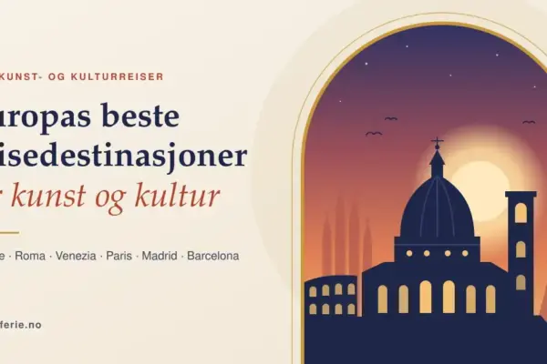 Illustrasjon av en europeisk bysilhuett med Firenzes katedralkuppel, et klokketårn, et amfiteater, tårnspir og et gittertårn i solnedgang innenfor en gullkantet bue, ved siden av teksten «Europas beste reisedestinasjoner for kunst og kultur».
