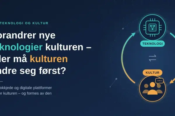 Illustrasjon med tittelen «Forandrer nye teknologier kulturen – eller må kulturen endre seg først?» og et kretsløp der piler går begge veier mellom et teknologisymbol (databrikke) og et kultursymbol (en gruppe mennesker).
