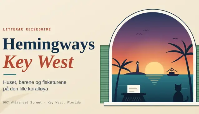 Illustrasjon med teksten «Hemingways Key West» ved siden av et buet vindu med grønne skodder og utsikt mot en solnedgang over havet med palmer, fyrtårn og fiskebåt, og med en skrivemaskin og en sittende katt i vinduskarmen.