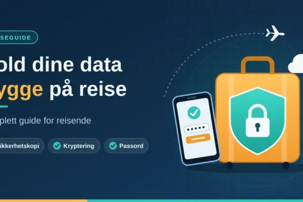 Illustrasjon av en koffert med et skjold og en hengelås, en mobil med passordfelt og en sky for sikkerhetskopi, ved siden av teksten «Hold dine data trygge på reise».