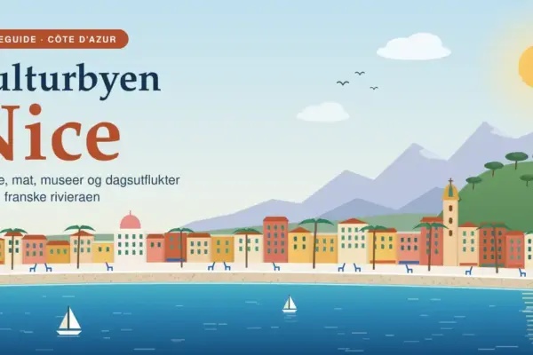 Illustrasjon av Nice med fargerike hus i oker og terrakotta langs strandpromenaden, palmer og blå stoler, Middelhavet i forgrunnen og slottshøyden og de maritime alpene i bakgrunnen, med teksten «Kulturbyen Nice».