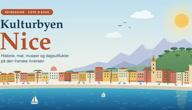 Illustrasjon av Nice med fargerike hus i oker og terrakotta langs strandpromenaden, palmer og blå stoler, Middelhavet i forgrunnen og slottshøyden og de maritime alpene i bakgrunnen, med teksten «Kulturbyen Nice».