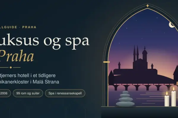 Illustrasjon av et gotisk buevindu i et tidligere kloster med utsikt over Praha i skumringen, med borgen, katedralen og Karlsbroa, tente stearinlys og stablede spasteiner i forgrunnen, ved siden av teksten «Luksus og spa i Praha».