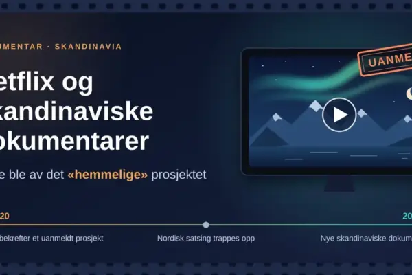 Illustrasjon med overskriften «Netflix og skandinaviske dokumentarer» ved siden av en skjerm som viser et nordisk fjordlandskap med nordlys og et «UANMELDT»-stempel, samt en tidslinje fra 2020 til 2026.