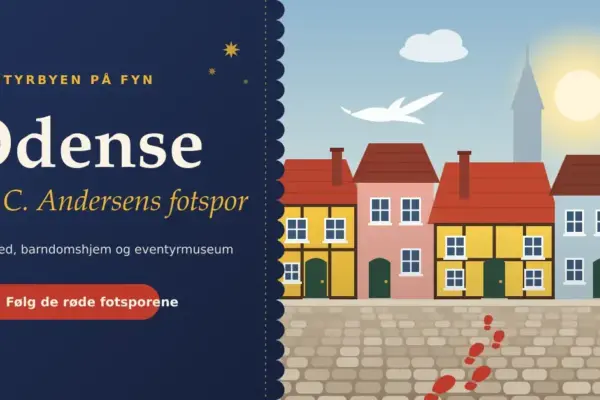 Illustrasjon av fargerike bindingsverkshus i en gammel gate i Odense, der røde fotspor i brosteinene leder mot et gult hus, ved siden av teksten «Odense – i H.C. Andersens fotspor».