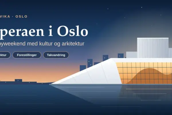 Illustrasjon av Operaen i Bjørvika i Oslo i skumringen, med det skrånende hvite marmortaket, den opplyste glassfasaden og speilingen i fjorden, sammen med teksten «Operaen i Oslo – Storbyweekend med kultur og arkitektur».