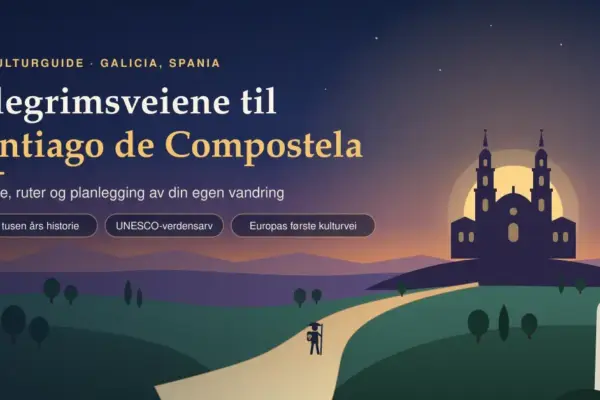 Illustrasjon av en pilegrim med stav som vandrer langs en buktende sti mot en stilisert katedral i solnedgang, med en veistein med gult kamskjell og gul pil og tittelen «Pilegrimsveiene til Santiago de Compostela».