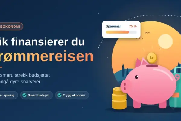 Illustrasjon av en rosa sparegris med en mynt på vei ned i sparegrisen, en myntstabel og en koffert foran en solnedgang, et fly som følger en stiplet rute og et sparemål på 75 prosent, ved siden av teksten «Slik finansierer du drømmereisen».