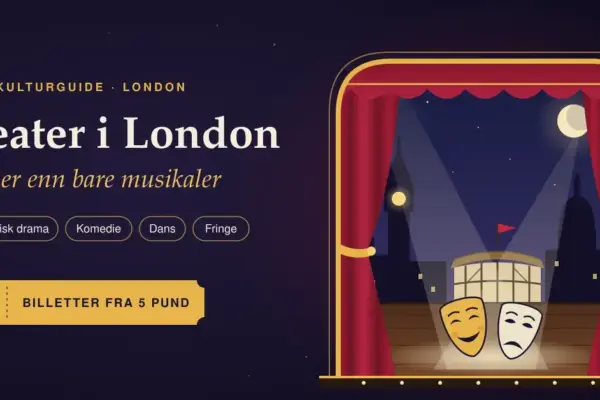 Illustrasjon av en teaterscene med røde fløyelsgardiner, komedie- og tragediemasker i spotlyset og Londons silhuett i bakgrunnen, sammen med teksten «Teater i London – mer enn bare musikaler».