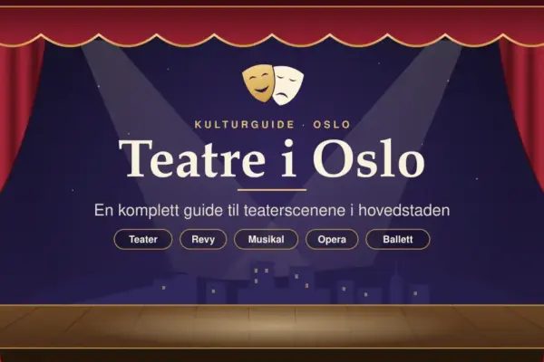 Illustrasjon av en teaterscene med røde fløyelsgardiner, spotlys og en stilisert Oslo-silhuett, med teksten «Teatre i Oslo – en komplett guide til teaterscenene i hovedstaden» og kategoriene teater, revy, musikal, opera og ballett.