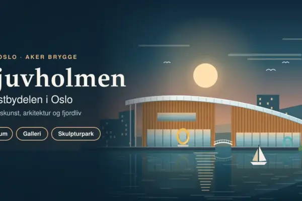 Illustrasjon av Tjuvholmen i Oslo i solnedgang, med et kunstmuseum under et buet glasstak, en kanal med gangbro, fargerike skulpturer og en seilbåt på fjorden, sammen med teksten «Tjuvholmen – Kunstbydelen i Oslo».